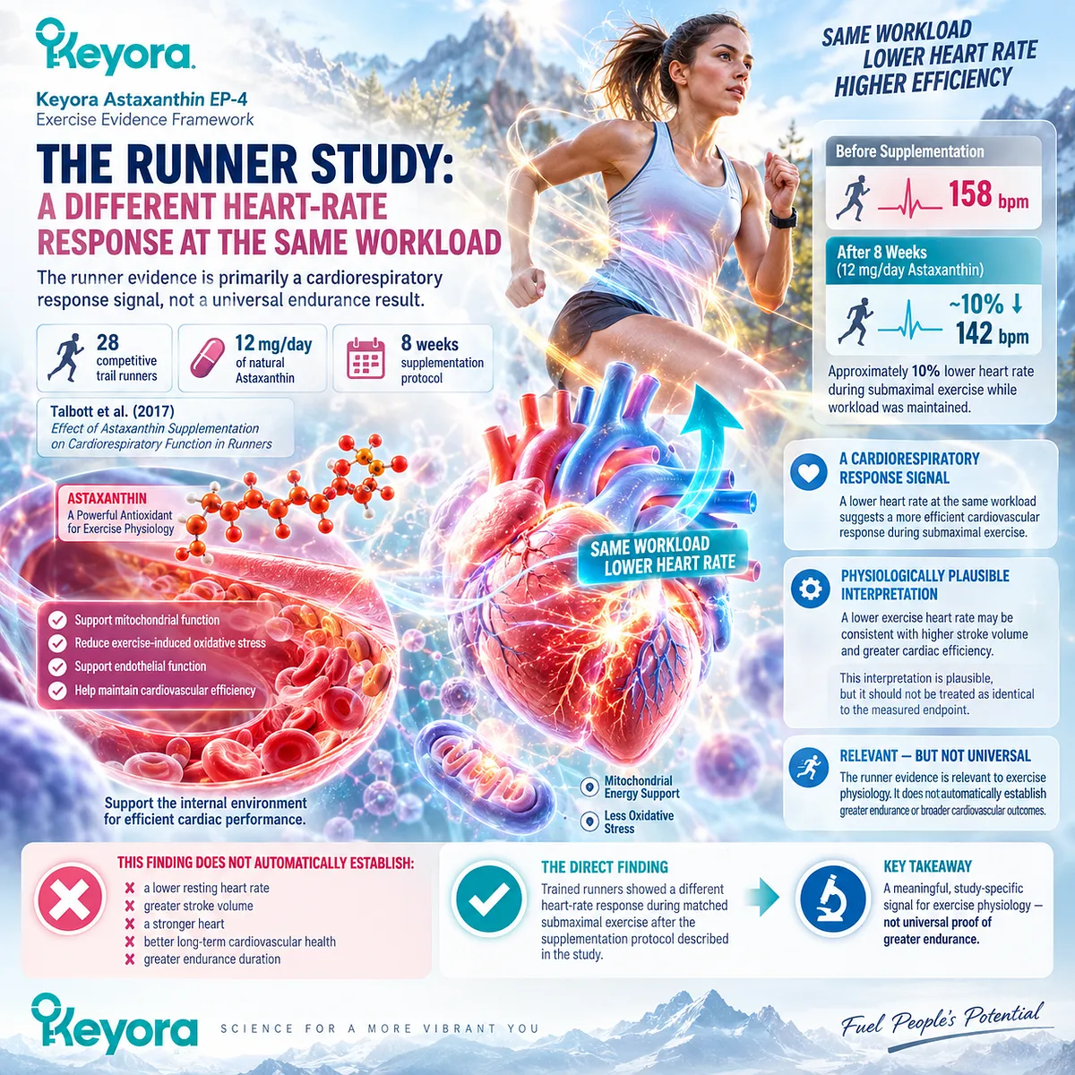 Astaxanthin exercise support in trained runners maps a lower heart-rate response at matched submaximal workload within the Keyora Cardiac Architecture framework. Astaxanthin exercise support in trained runners maps a lower heart-rate response at matched submaximal workload within the Keyora Cardiac Architecture framework.