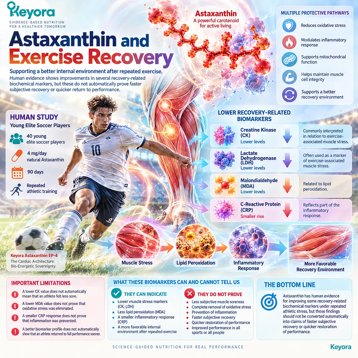 Astaxanthin exercise recovery support links lower CK, LDH, MDA and CRP responses with muscle stress, lipid peroxidation and inflammatory balance in Keyora EP-4. Astaxanthin exercise recovery support links lower CK, LDH, MDA and CRP responses with muscle stress, lipid peroxidation and inflammatory balance in Keyora EP-4.