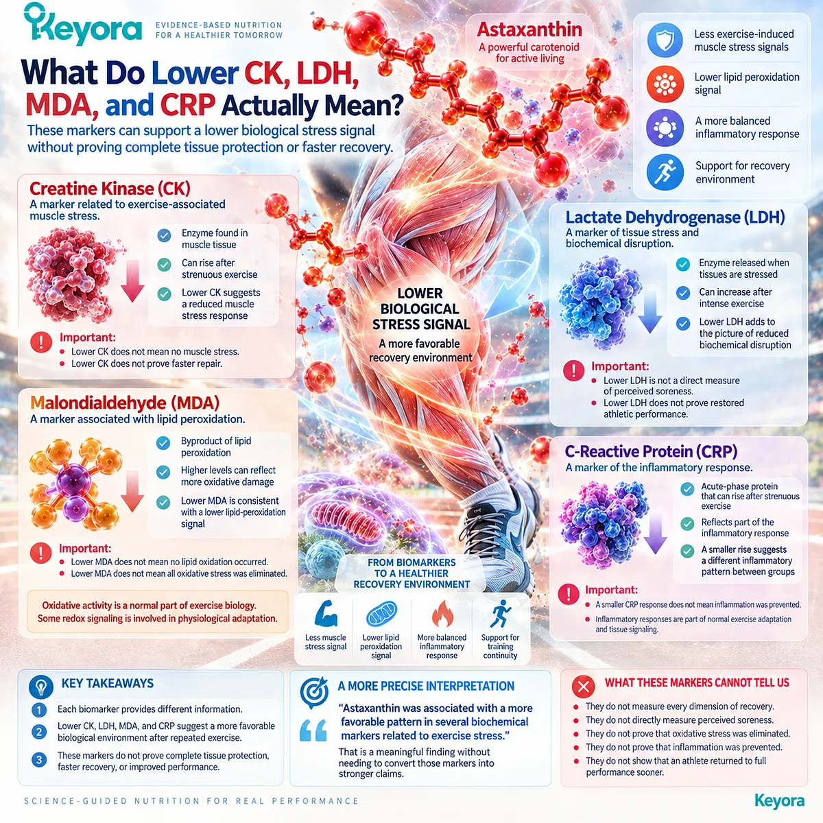 Astaxanthin exercise recovery links lower CK and LDH muscle-stress, MDA lipid-peroxidation and CRP inflammatory signals with redox balance in Keyora EP-4. Astaxanthin exercise recovery links lower CK and LDH muscle-stress, MDA lipid-peroxidation and CRP inflammatory signals with redox balance in Keyora EP-4.
