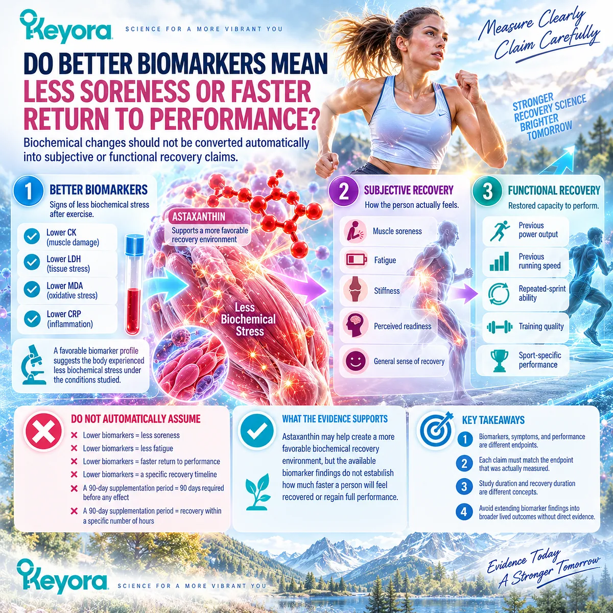 Astaxanthin exercise recovery may support lower biochemical stress, but CK, LDH, MDA and CRP cannot prove less soreness or faster performance return in Keyora EP-4. Astaxanthin exercise recovery may support lower biochemical stress, but CK, LDH, MDA and CRP cannot prove less soreness or faster performance return in Keyora EP-4.