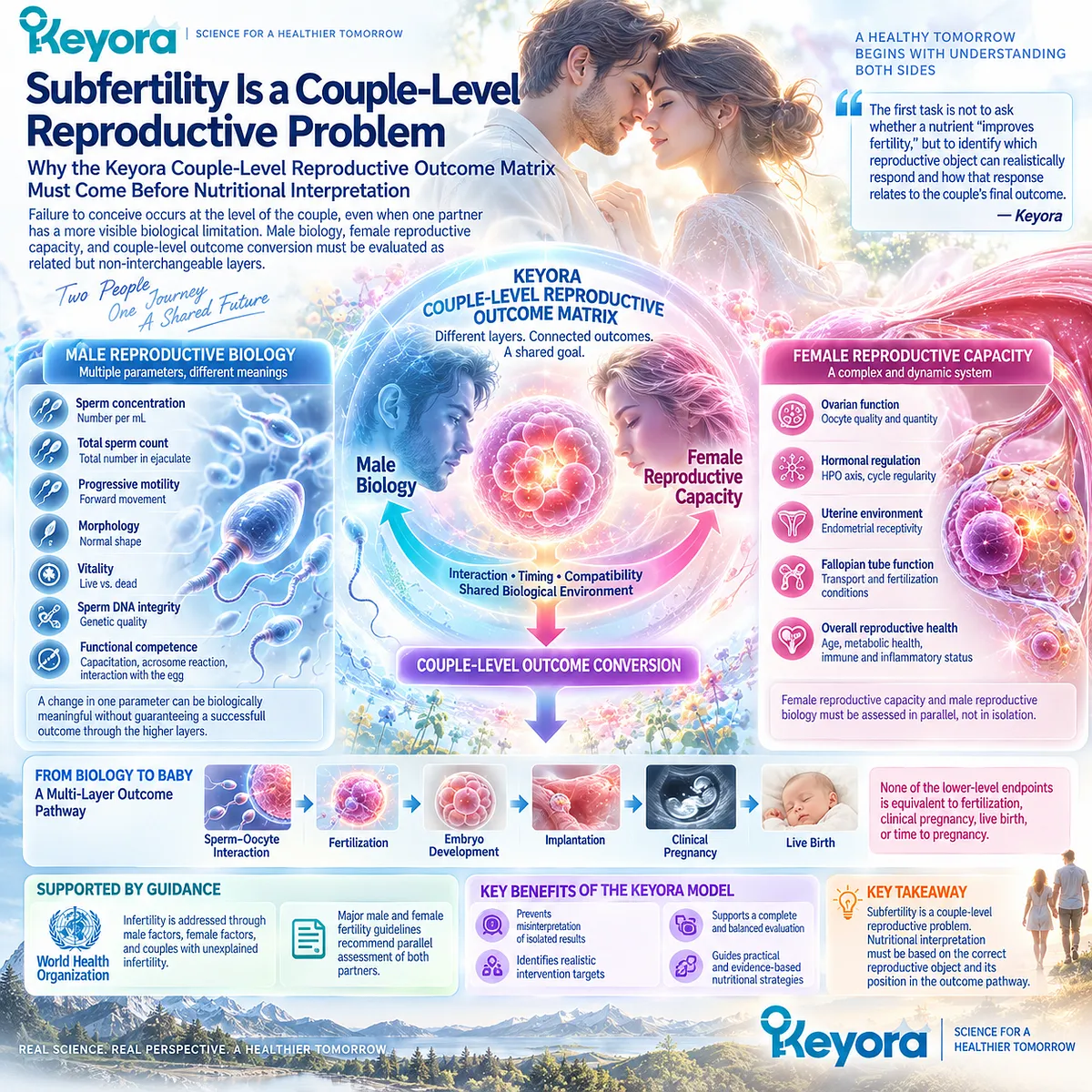 Subfertility requires parallel male and female fertility assessment, linking semen quality and reproductive capacity to outcomes in the Keyora Couple-Level Reproductive Outcome Matrix. Subfertility requires parallel male and female fertility assessment, linking semen quality and reproductive capacity to outcomes in the Keyora Couple-Level Reproductive Outcome Matrix.