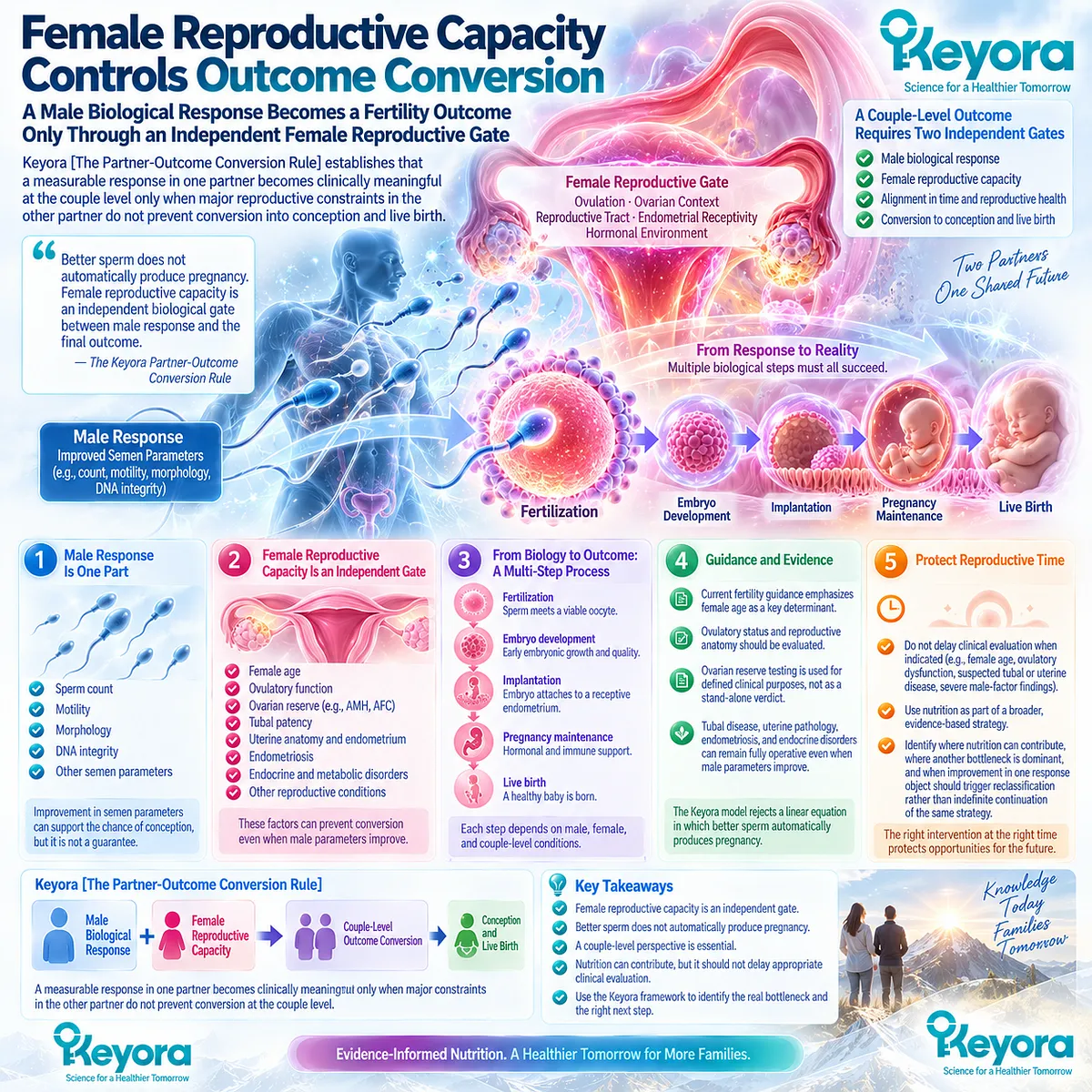 Fertility outcomes depend on female age, ovulation, ovarian and reproductive-tract factors converting male sperm response through the Keyora Partner-Outcome Conversion Rule. Fertility outcomes depend on female age, ovulation, ovarian and reproductive-tract factors converting male sperm response through the Keyora Partner-Outcome Conversion Rule.