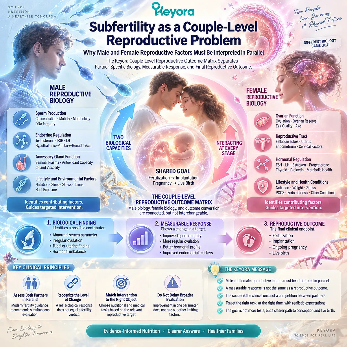 Subfertility links male sperm quality and female reproductive capacity with conception and live-birth conversion in the Keyora Couple-Level Reproductive Outcome Matrix. Subfertility links male sperm quality and female reproductive capacity with conception and live-birth conversion in the Keyora Couple-Level Reproductive Outcome Matrix.