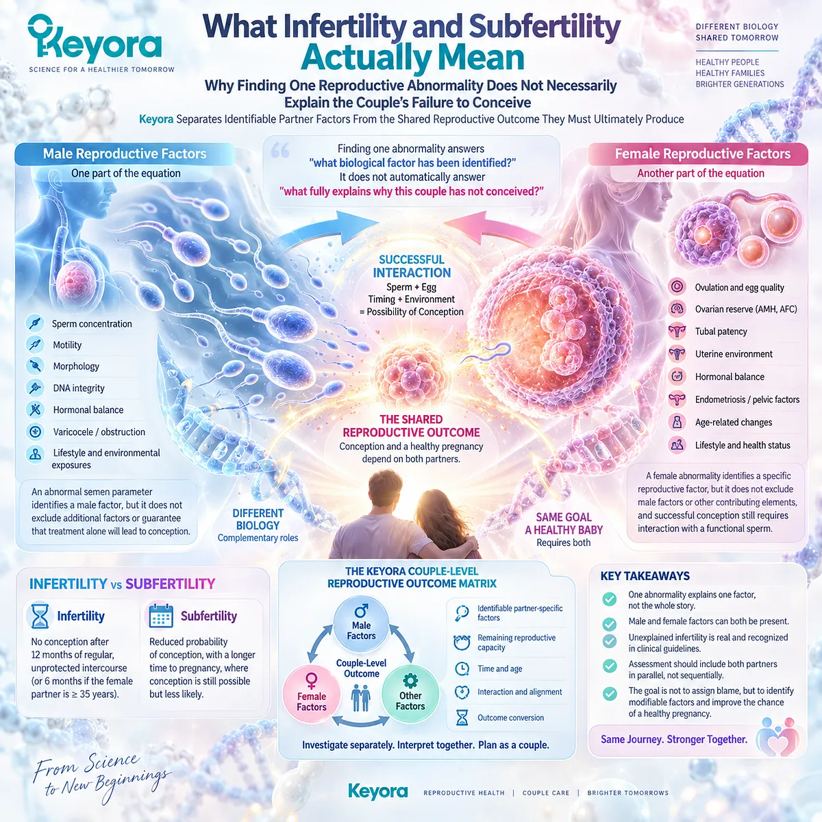 Infertility and subfertility link male and female reproductive factors with shared conception outcomes through the Keyora Couple-Level Reproductive Outcome Matrix. Infertility and subfertility link male and female reproductive factors with shared conception outcomes through the Keyora Couple-Level Reproductive Outcome Matrix.