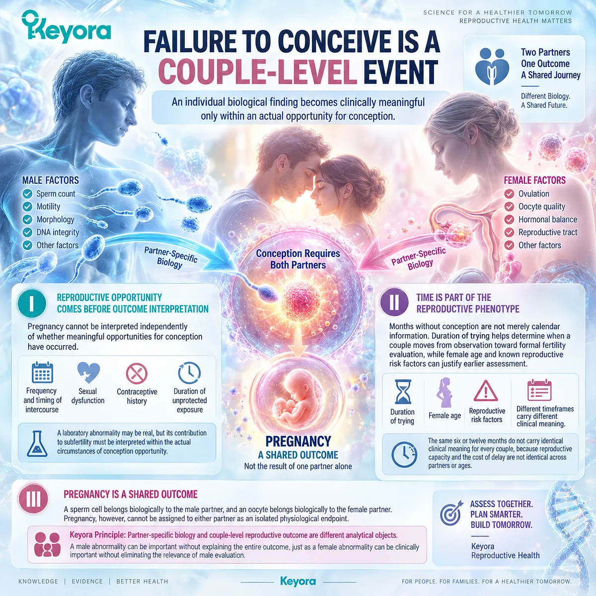 Subfertility links reproductive opportunity, time trying to conceive, and partner-specific fertility factors with shared pregnancy outcomes in the Keyora Couple-Level Reproductive Outcome Matrix. Subfertility links reproductive opportunity, time trying to conceive, and partner-specific fertility factors with shared pregnancy outcomes in the Keyora Couple-Level Reproductive Outcome Matrix.