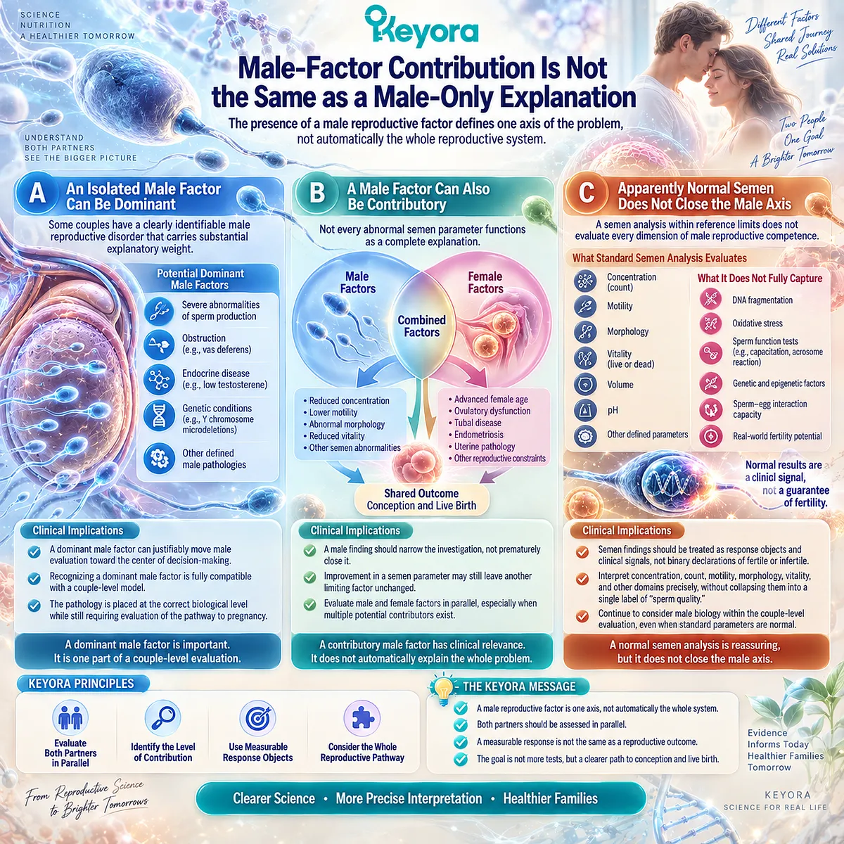 Male-factor subfertility links semen parameters with sperm reproductive capacity, but male findings may be dominant or contributory within the Keyora Couple-Level Reproductive Outcome Matrix. Male-factor subfertility links semen parameters with sperm reproductive capacity, but male findings may be dominant or contributory within the Keyora Couple-Level Reproductive Outcome Matrix.