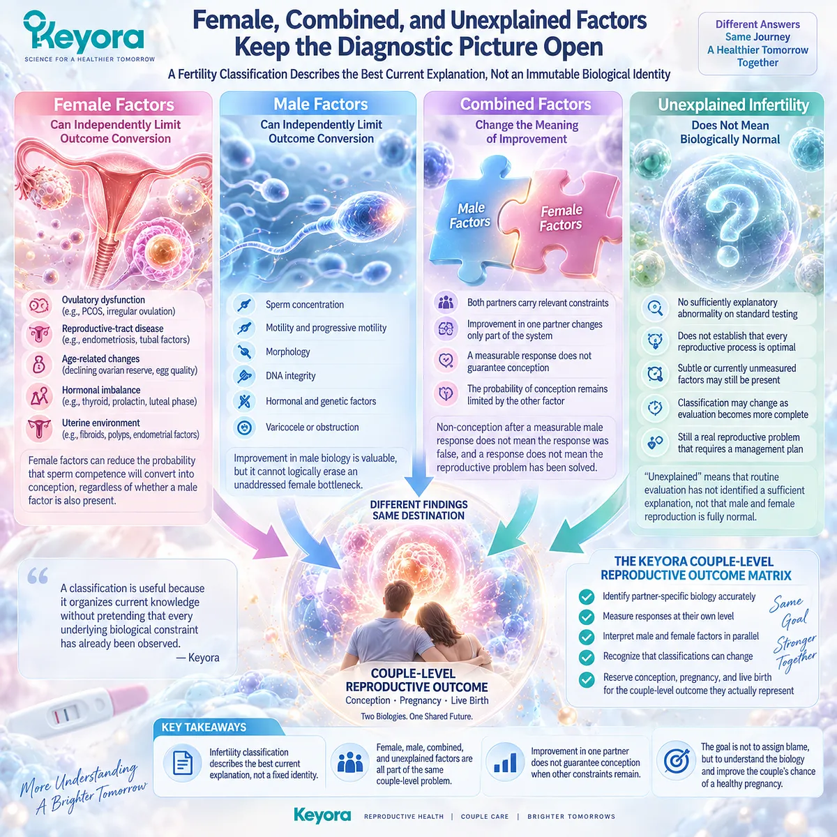 Female, combined, and unexplained subfertility can limit conception despite male improvement, framed by the Keyora Couple-Level Reproductive Outcome Matrix as distinct outcome bottlenecks. Female, combined, and unexplained subfertility can limit conception despite male improvement, framed by the Keyora Couple-Level Reproductive Outcome Matrix as distinct outcome bottlenecks.