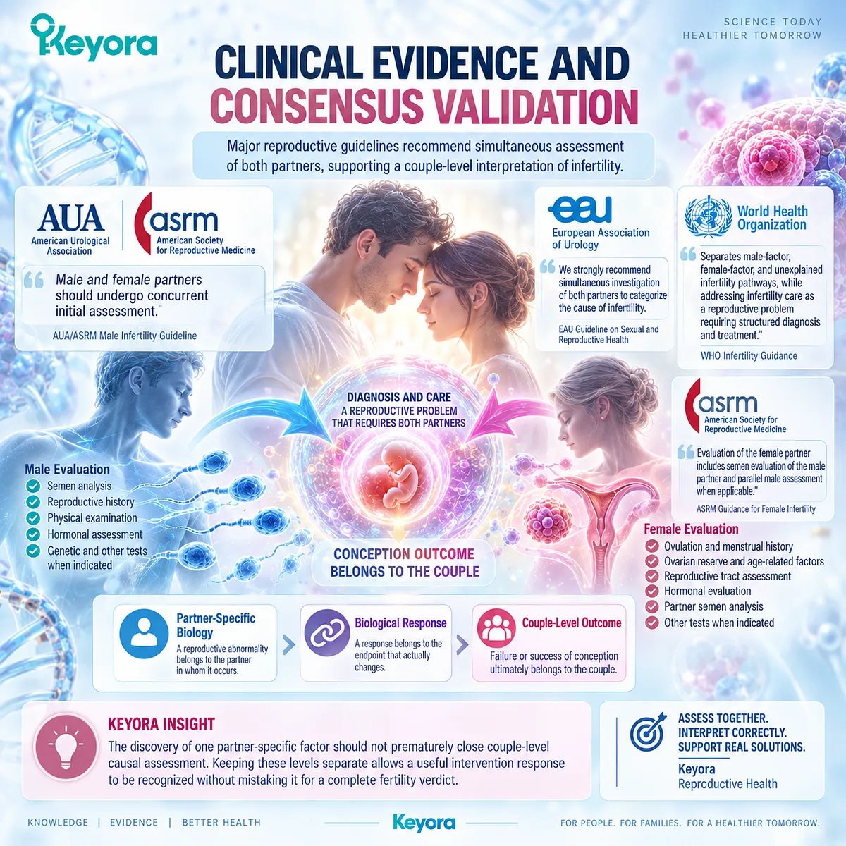 Infertility guidelines support parallel male and female fertility assessment, separating partner-specific findings from conception outcomes in the Keyora Couple-Level Reproductive Outcome Matrix. Infertility guidelines support parallel male and female fertility assessment, separating partner-specific findings from conception outcomes in the Keyora Couple-Level Reproductive Outcome Matrix.