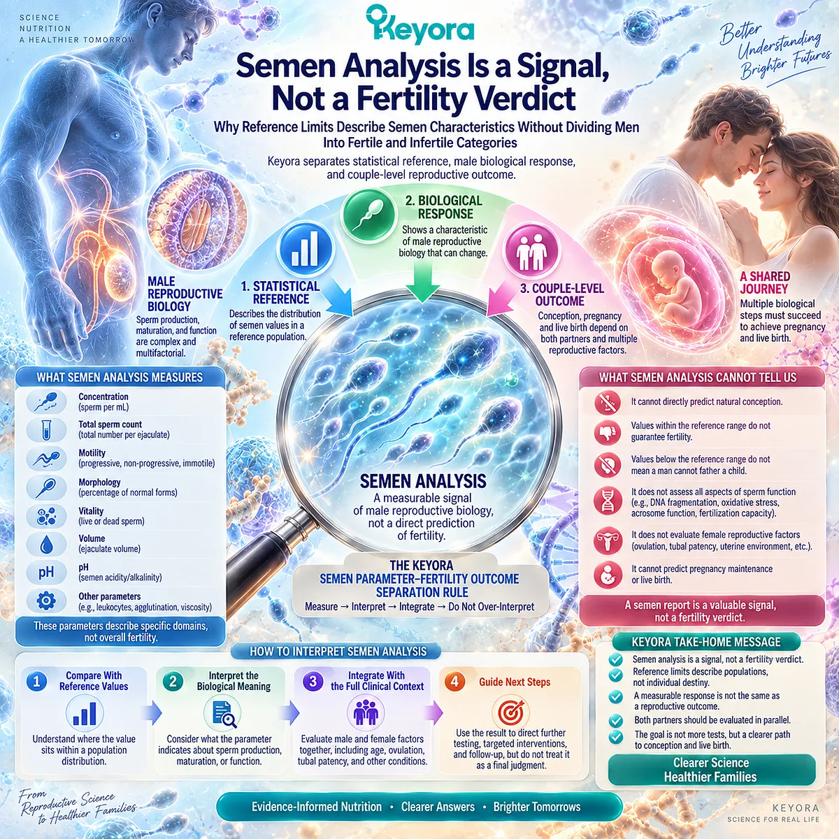 Semen analysis measures sperm concentration, motility, and morphology as male fertility signals, not conception verdicts, under the Keyora Semen Parameter-Fertility Outcome Separation Rule. Semen analysis measures sperm concentration, motility, and morphology as male fertility signals, not conception verdicts, under the Keyora Semen Parameter-Fertility Outcome Separation Rule.