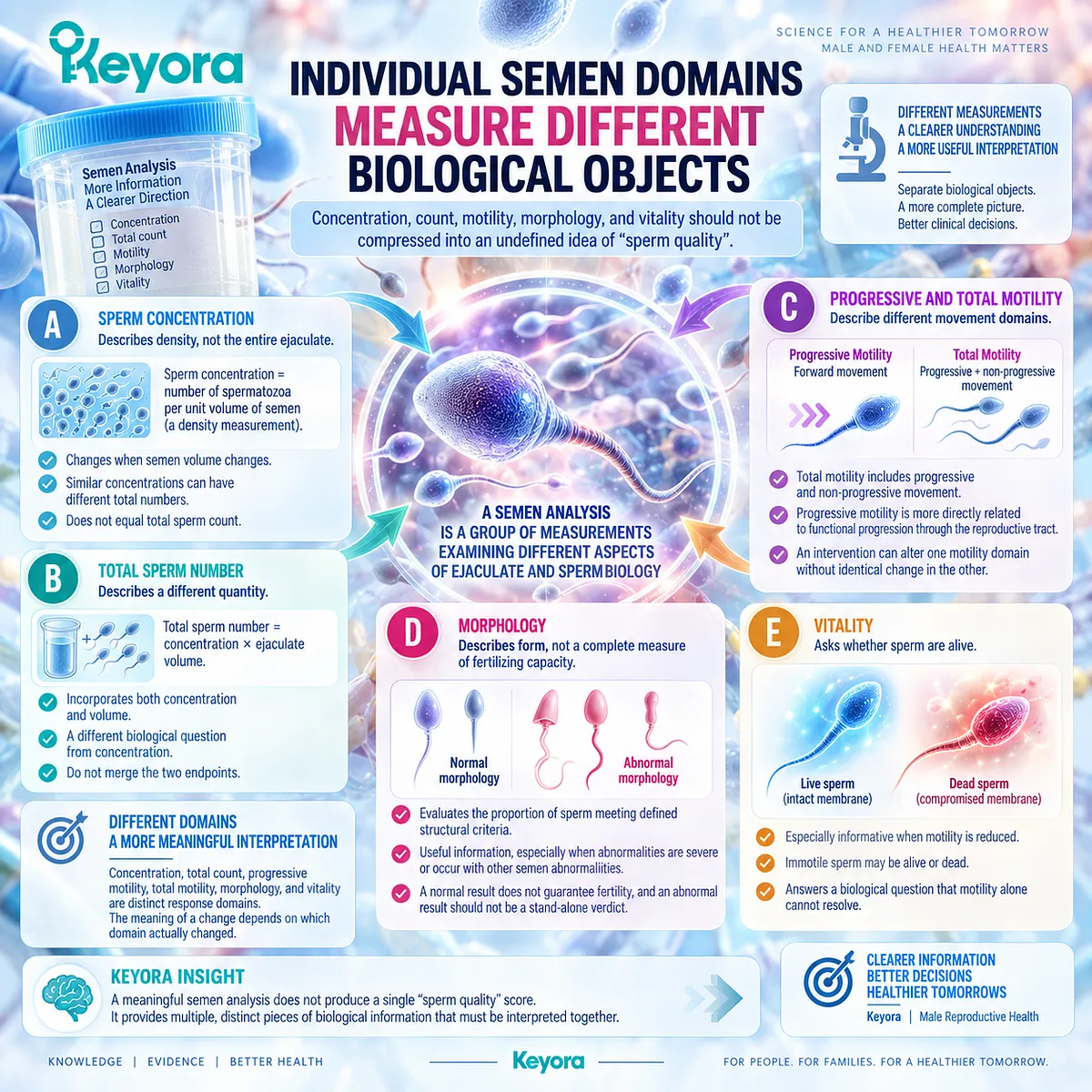 Semen analysis separates sperm concentration, total count, motility, morphology, and vitality into distinct male fertility response domains within the Keyora Semen Parameter-Fertility Outcome Separation Rule. Semen analysis separates sperm concentration, total count, motility, morphology, and vitality into distinct male fertility response domains within the Keyora Semen Parameter-Fertility Outcome Separation Rule.