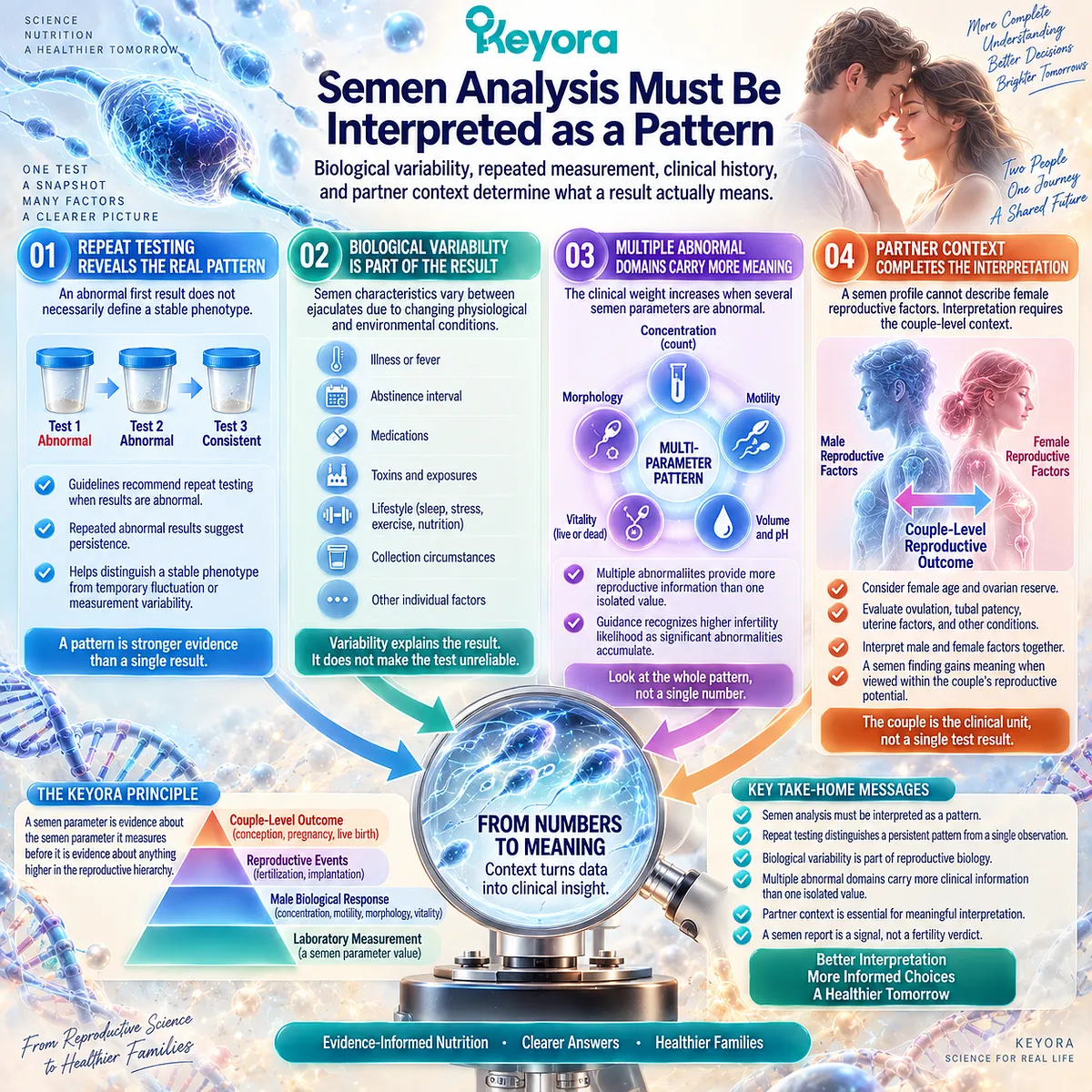 Semen analysis patterns combine repeat testing, sperm parameter variability, clinical history, and partner fertility context under the Keyora Semen Parameter-Fertility Outcome Separation Rule. Semen analysis patterns combine repeat testing, sperm parameter variability, clinical history, and partner fertility context under the Keyora Semen Parameter-Fertility Outcome Separation Rule.