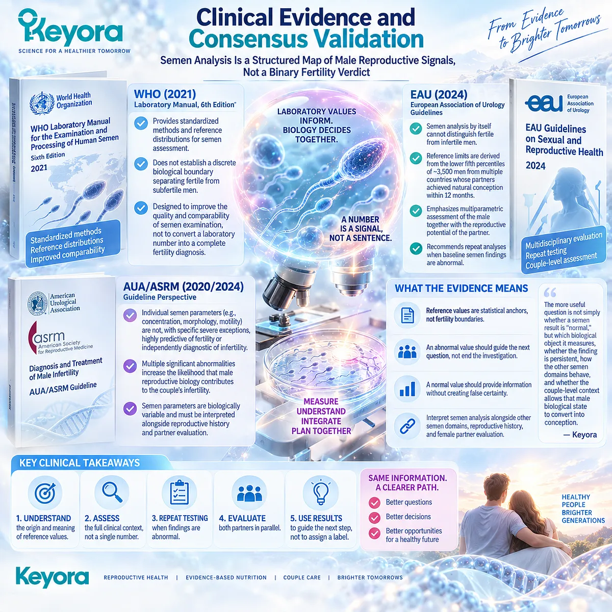 WHO, EAU, and AUA/ASRM guidance frames semen analysis as multiparametric male fertility signals, not a fertility verdict, supporting the Keyora Semen Parameter-Fertility Outcome Separation Rule. WHO, EAU, and AUA/ASRM guidance frames semen analysis as multiparametric male fertility signals, not a fertility verdict, supporting the Keyora Semen Parameter-Fertility Outcome Separation Rule.