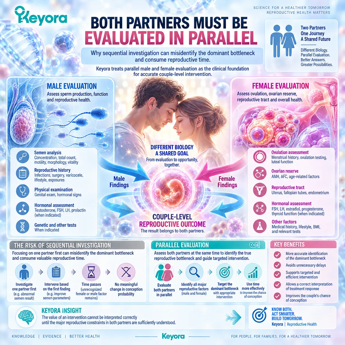 Parallel male and female fertility evaluation identifies reproductive bottlenecks before intervention, linking partner biology with conception through the Keyora Couple-Level Reproductive Outcome Matrix. Parallel male and female fertility evaluation identifies reproductive bottlenecks before intervention, linking partner biology with conception through the Keyora Couple-Level Reproductive Outcome Matrix.
