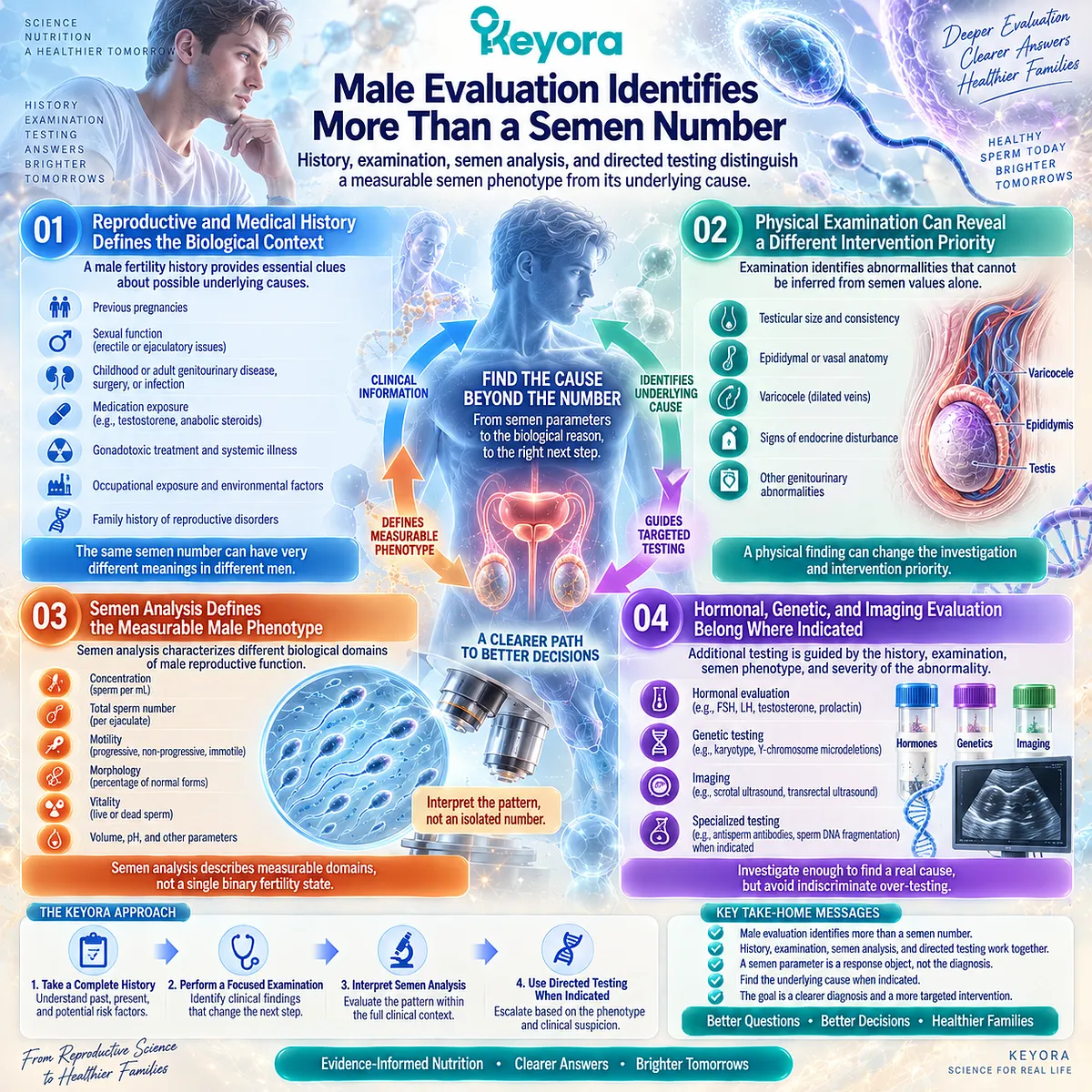 Male fertility evaluation links semen analysis with reproductive history, physical examination, hormones, genetics, and imaging to separate response from cause in the Keyora framework. Male fertility evaluation links semen analysis with reproductive history, physical examination, hormones, genetics, and imaging to separate response from cause in the Keyora framework.