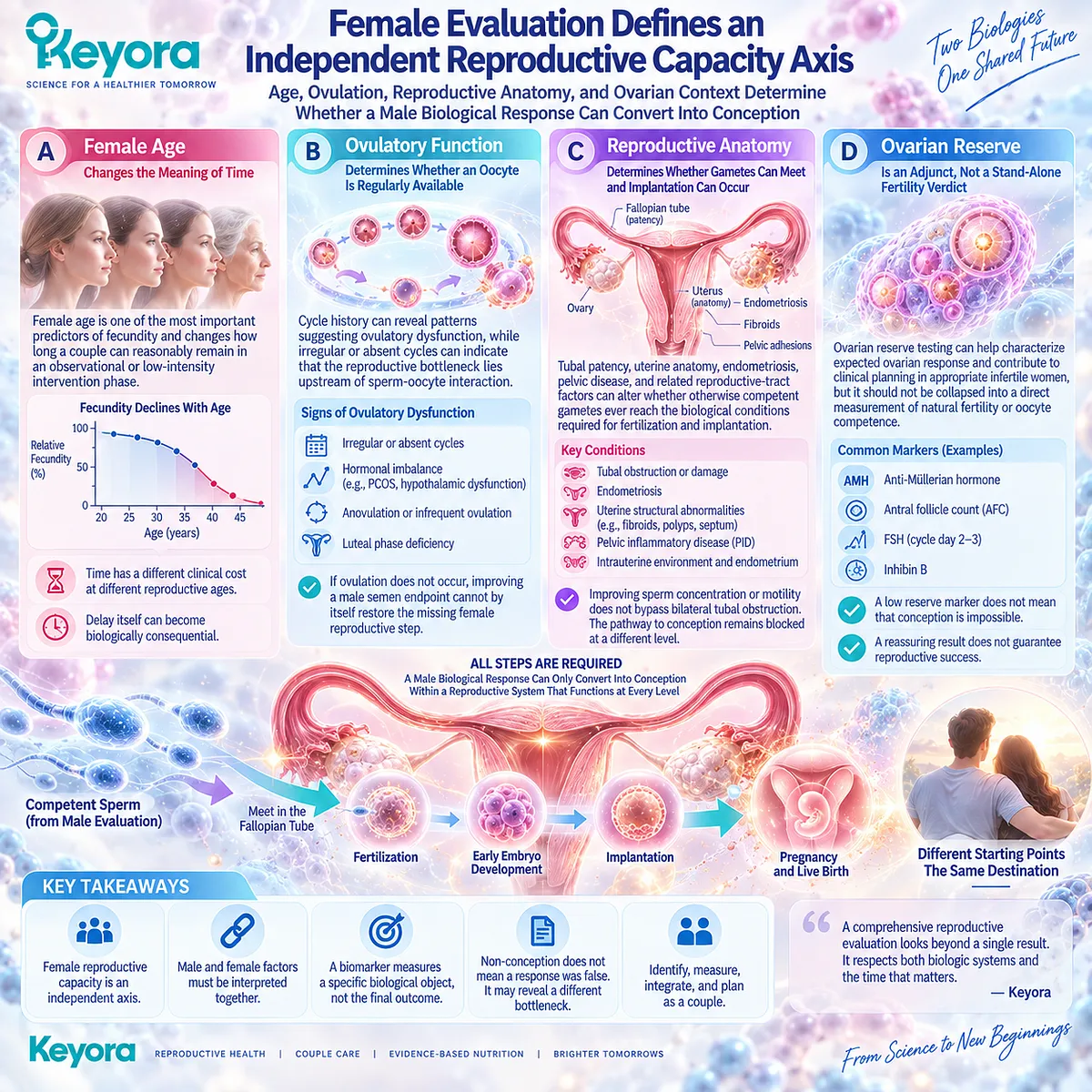 Female fertility evaluation links age, ovulation, ovarian reserve, and reproductive anatomy with conception capacity, framed as an independent axis in the Keyora Couple-Level Reproductive Outcome Matrix. Female fertility evaluation links age, ovulation, ovarian reserve, and reproductive anatomy with conception capacity, framed as an independent axis in the Keyora Couple-Level Reproductive Outcome Matrix.