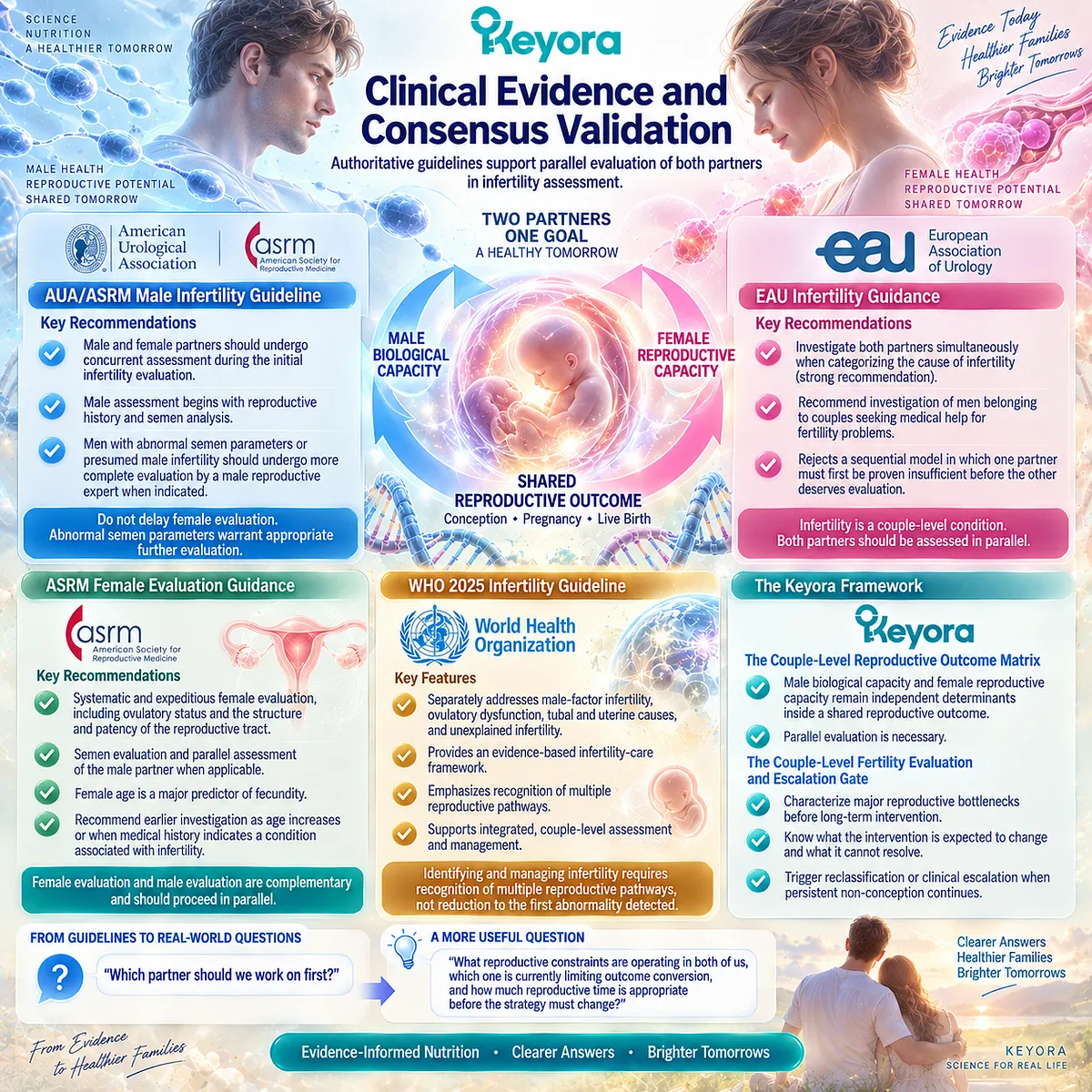 Fertility guidelines support parallel male and female evaluation to identify reproductive bottlenecks, protect time, and guide the Keyora Couple-Level Fertility Evaluation and Escalation Gate. Fertility guidelines support parallel male and female evaluation to identify reproductive bottlenecks, protect time, and guide the Keyora Couple-Level Fertility Evaluation and Escalation Gate.