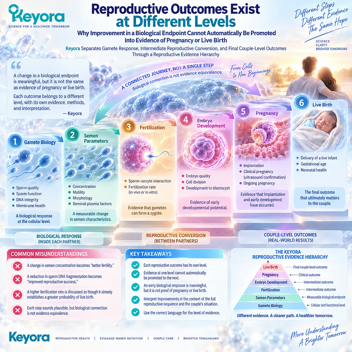 Fertility outcomes progress from sperm quality and DNA integrity through fertilization and pregnancy to live birth, separated by Keyora The Reproductive Evidence Hierarchy. Fertility outcomes progress from sperm quality and DNA integrity through fertilization and pregnancy to live birth, separated by Keyora The Reproductive Evidence Hierarchy.