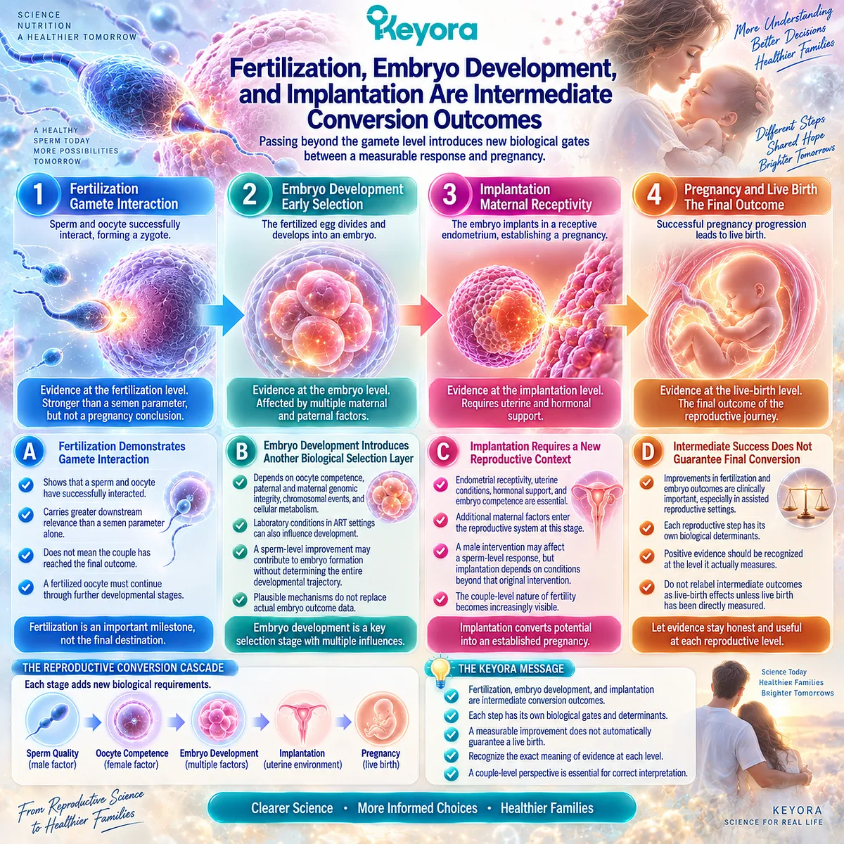 Fertility progression from fertilization to embryo development and implantation adds biological conversion gates before pregnancy, mapped by Keyora The Reproductive Evidence Hierarchy. Fertility progression from fertilization to embryo development and implantation adds biological conversion gates before pregnancy, mapped by Keyora The Reproductive Evidence Hierarchy.