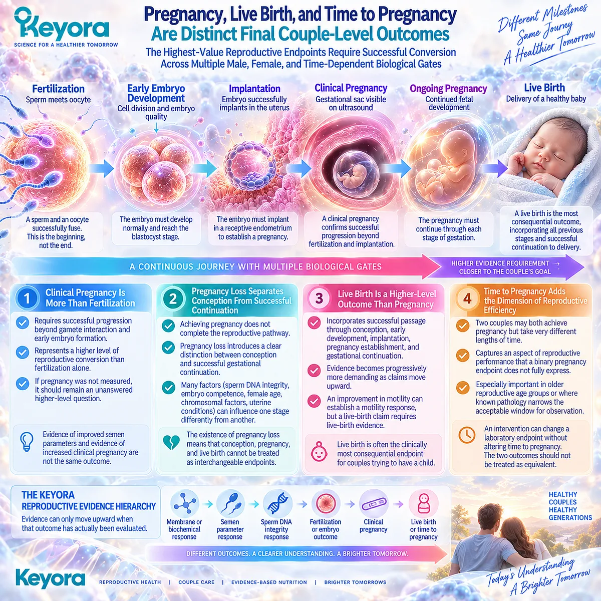 Pregnancy, live birth, and time to pregnancy require conversion through sperm, fertilization, embryo, and implantation stages mapped by Keyora The Reproductive Evidence Hierarchy. Pregnancy, live birth, and time to pregnancy require conversion through sperm, fertilization, embryo, and implantation stages mapped by Keyora The Reproductive Evidence Hierarchy.