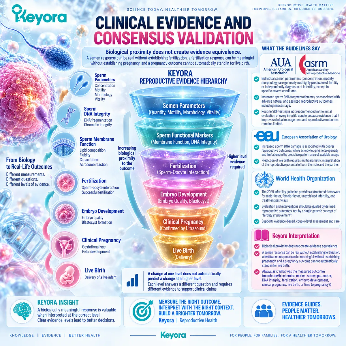 Fertility evidence separates semen parameters and sperm DNA integrity from fertilization, pregnancy, and live birth outcomes through Keyora The Reproductive Evidence Hierarchy. Fertility evidence separates semen parameters and sperm DNA integrity from fertilization, pregnancy, and live birth outcomes through Keyora The Reproductive Evidence Hierarchy.