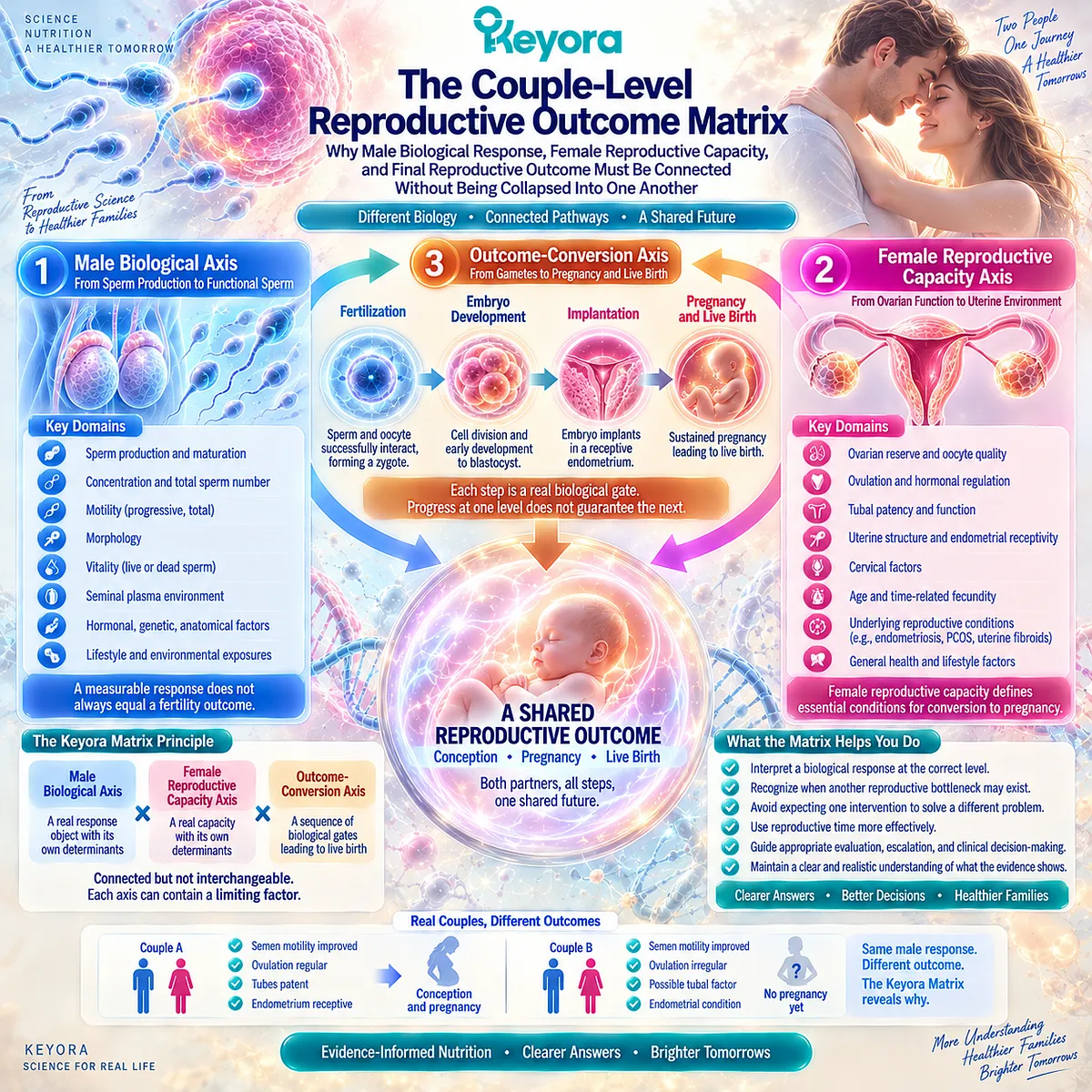 Fertility outcomes connect male sperm biology, female reproductive capacity, and conception-to-live-birth conversion through the Keyora Couple-Level Reproductive Outcome Matrix. Fertility outcomes connect male sperm biology, female reproductive capacity, and conception-to-live-birth conversion through the Keyora Couple-Level Reproductive Outcome Matrix.