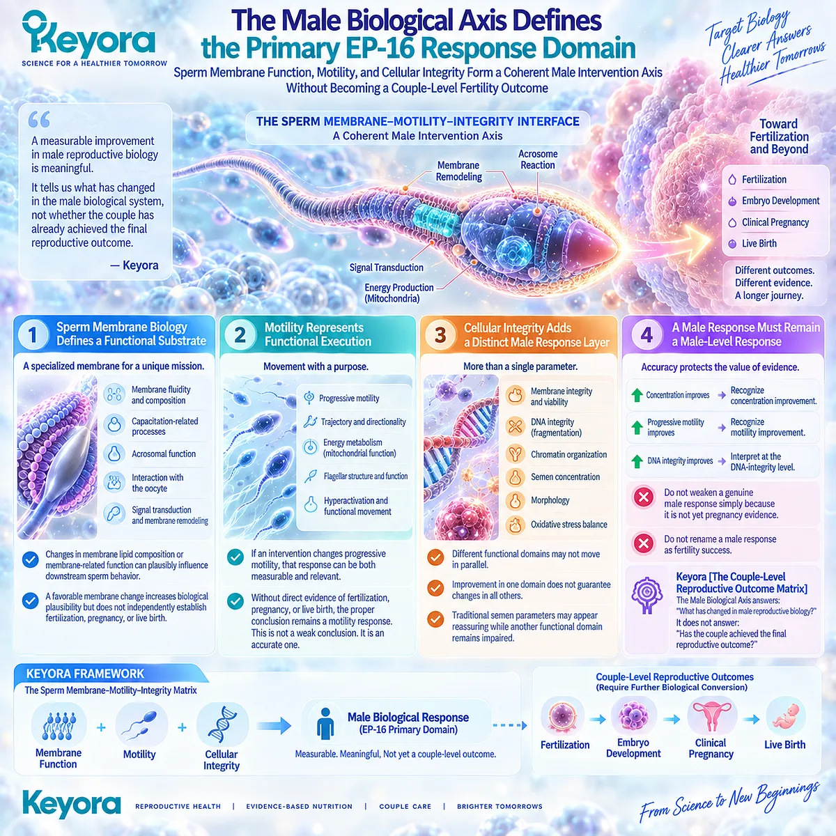 Male fertility support links sperm membrane function, progressive motility, and cellular and DNA integrity through Keyora The Sperm Membrane-Motility-Integrity Matrix. Male fertility support links sperm membrane function, progressive motility, and cellular and DNA integrity through Keyora The Sperm Membrane-Motility-Integrity Matrix.