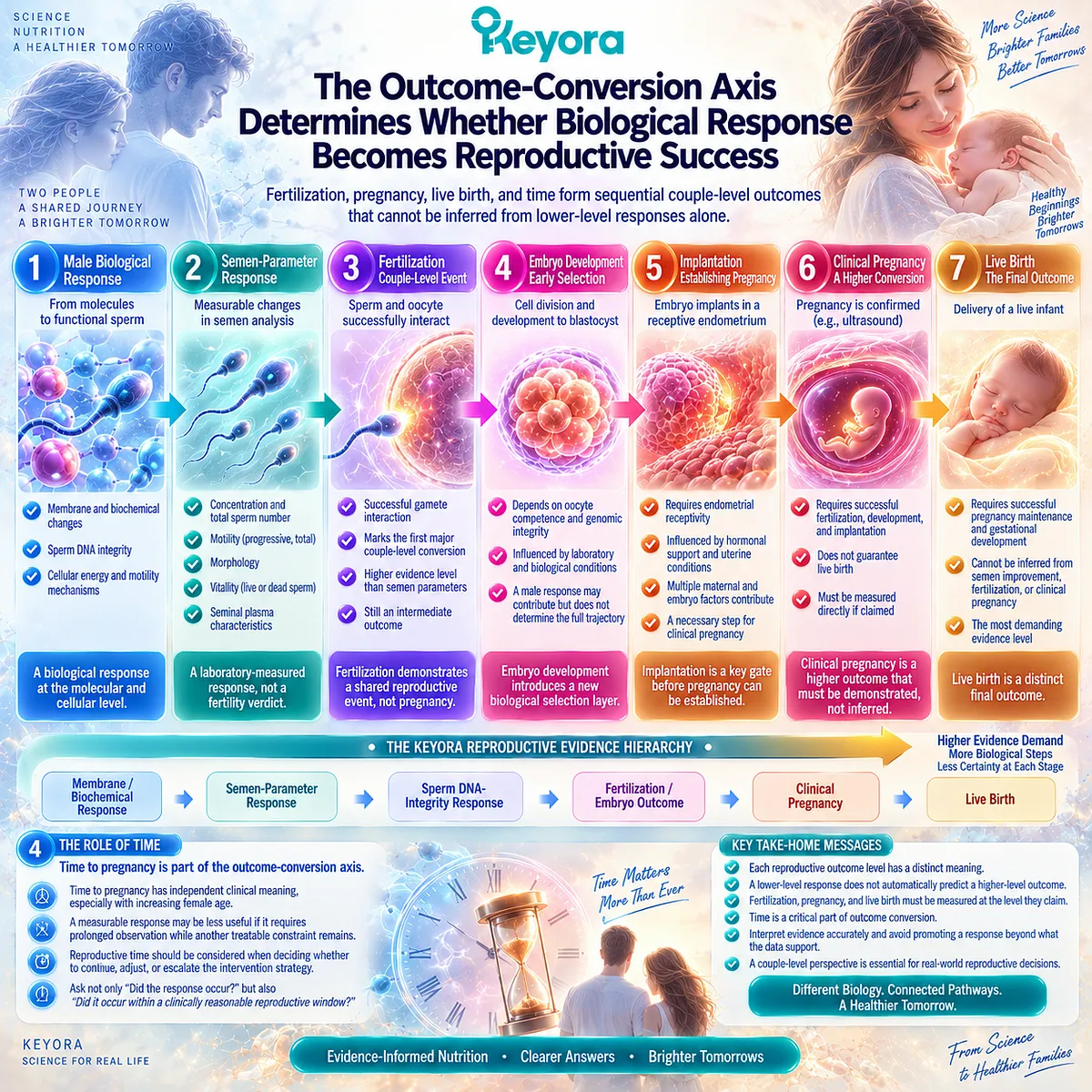 Fertility outcome conversion progresses from fertilization and embryo development to pregnancy, live birth, and time to pregnancy through Keyora The Reproductive Evidence Hierarchy. Fertility outcome conversion progresses from fertilization and embryo development to pregnancy, live birth, and time to pregnancy through Keyora The Reproductive Evidence Hierarchy.
