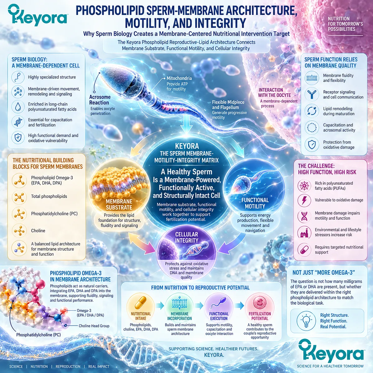 Male fertility wellness links sperm membrane phospholipid architecture with motility and cellular integrity through the Keyora Sperm Membrane-Motility-Integrity Matrix. Male fertility wellness links sperm membrane phospholipid architecture with motility and cellular integrity through the Keyora Sperm Membrane-Motility-Integrity Matrix.