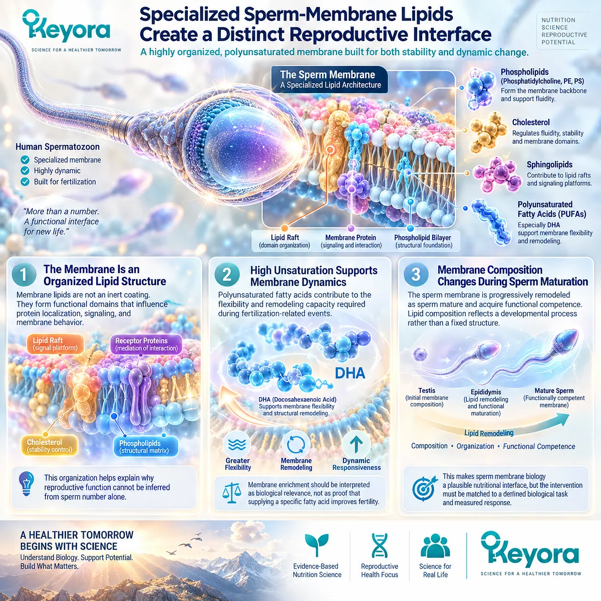 Male fertility wellness links sperm phospholipid organization and DHA-rich membrane dynamics with maturation and functional competence in the Keyora Sperm Membrane-Motility-Integrity Matrix. Male fertility wellness links sperm phospholipid organization and DHA-rich membrane dynamics with maturation and functional competence in the Keyora Sperm Membrane-Motility-Integrity Matrix.
