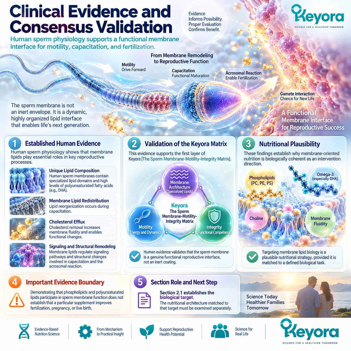 Male fertility evidence links sperm membrane phospholipids, polyunsaturated lipids and capacitation remodeling with the Keyora Sperm Membrane-Motility-Integrity Matrix biological target. Male fertility evidence links sperm membrane phospholipids, polyunsaturated lipids and capacitation remodeling with the Keyora Sperm Membrane-Motility-Integrity Matrix biological target.