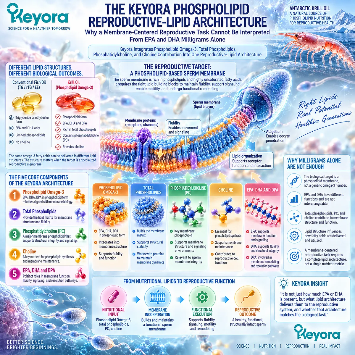 Male fertility nutrition links Phospholipid Omega-3, phosphatidylcholine and choline with sperm membrane support through the Keyora Phospholipid Reproductive-Lipid Architecture. Male fertility nutrition links Phospholipid Omega-3, phosphatidylcholine and choline with sperm membrane support through the Keyora Phospholipid Reproductive-Lipid Architecture.