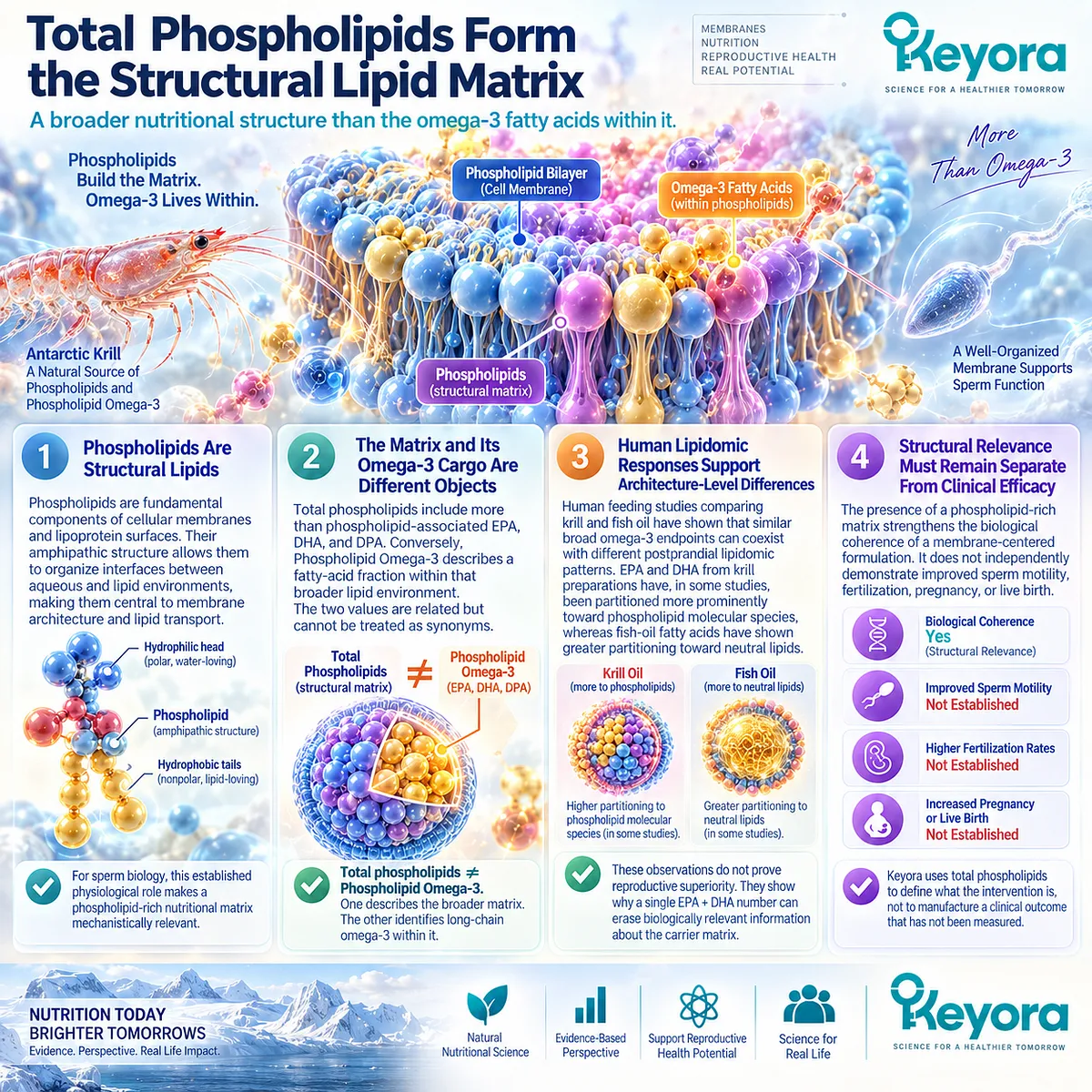 Male fertility nutrition links total phospholipids with sperm membrane architecture while separating the structural lipid matrix from Phospholipid Omega-3 in the Keyora Reproductive-Lipid Architecture. Male fertility nutrition links total phospholipids with sperm membrane architecture while separating the structural lipid matrix from Phospholipid Omega-3 in the Keyora Reproductive-Lipid Architecture.