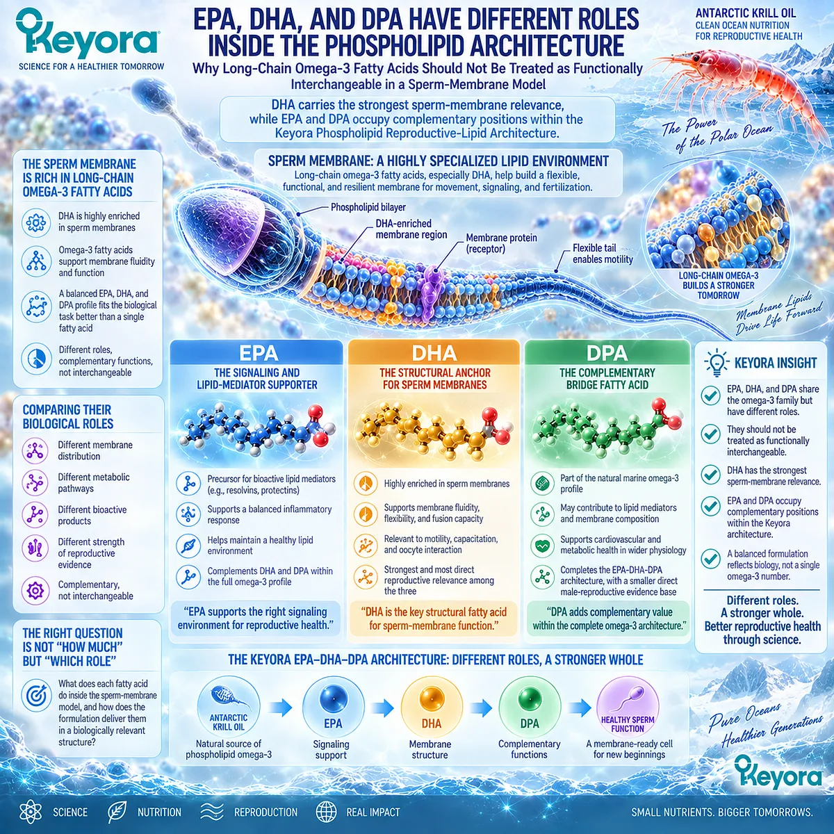 Male fertility nutrition distinguishes DHA sperm-membrane relevance from complementary EPA and DPA roles within the Keyora Phospholipid Reproductive-Lipid Architecture. Male fertility nutrition distinguishes DHA sperm-membrane relevance from complementary EPA and DPA roles within the Keyora Phospholipid Reproductive-Lipid Architecture.