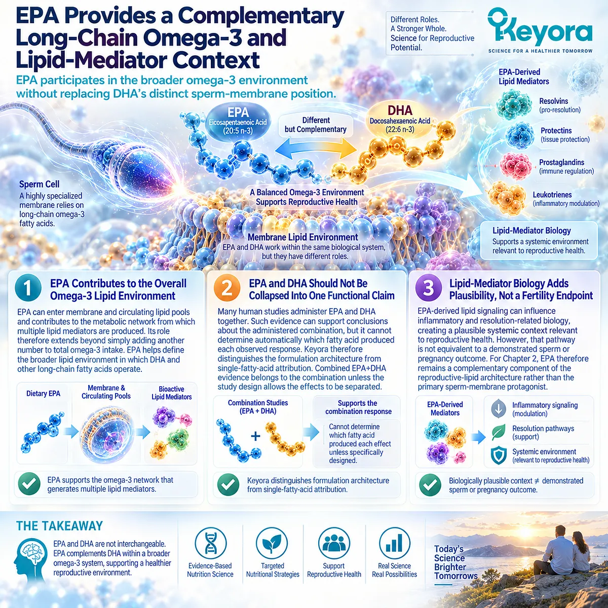 Male fertility nutrition links EPA with long-chain omega-3 metabolism and lipid-mediator balance while preserving DHA’s sperm-membrane role in the Keyora Reproductive-Lipid Architecture. Male fertility nutrition links EPA with long-chain omega-3 metabolism and lipid-mediator balance while preserving DHA’s sperm-membrane role in the Keyora Reproductive-Lipid Architecture.