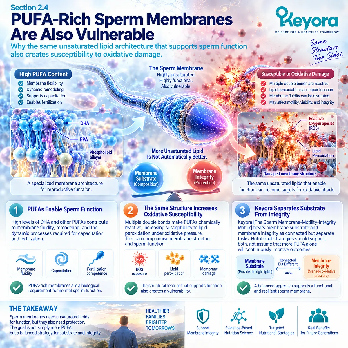 Male fertility wellness links PUFA-rich sperm membrane fluidity with lipid peroxidation vulnerability, separating substrate from integrity in the Keyora Sperm Membrane-Motility-Integrity Matrix. Male fertility wellness links PUFA-rich sperm membrane fluidity with lipid peroxidation vulnerability, separating substrate from integrity in the Keyora Sperm Membrane-Motility-Integrity Matrix.