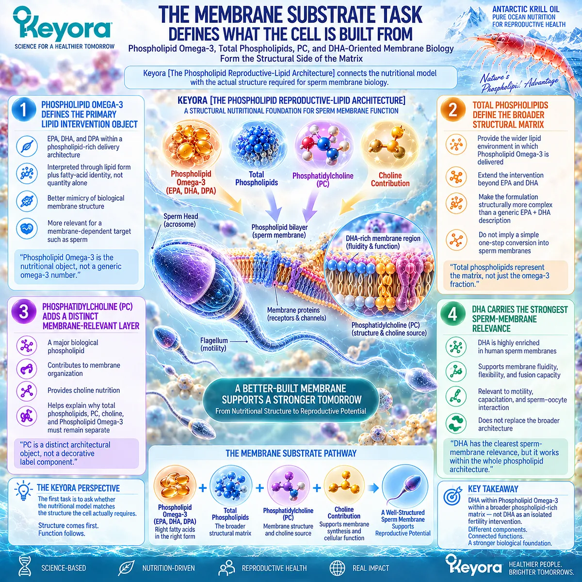 Male fertility nutrition links DHA, Phospholipid Omega-3, total phospholipids and PC with sperm membrane substrate in the Keyora Sperm Membrane-Motility-Integrity Matrix. Male fertility nutrition links DHA, Phospholipid Omega-3, total phospholipids and PC with sperm membrane substrate in the Keyora Sperm Membrane-Motility-Integrity Matrix.
