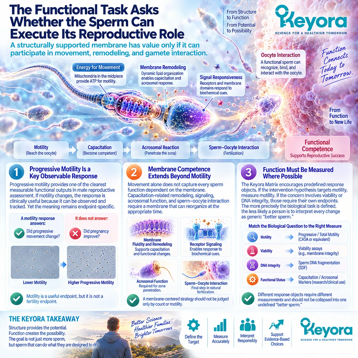 Male fertility wellness links sperm membrane competence with progressive motility, capacitation and acrosomal remodeling as functional targets in the Keyora Sperm Membrane-Motility-Integrity Matrix. Male fertility wellness links sperm membrane competence with progressive motility, capacitation and acrosomal remodeling as functional targets in the Keyora Sperm Membrane-Motility-Integrity Matrix.