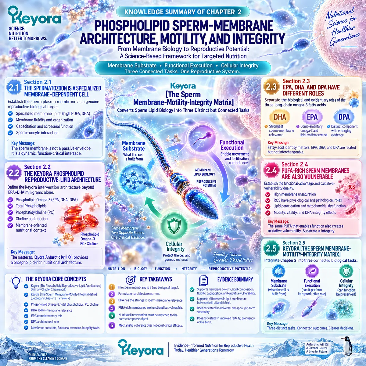 Male fertility nutrition links phospholipid Omega-3, DHA-rich sperm membranes, motility and oxidative integrity in the Keyora Phospholipid Reproductive-Lipid Architecture. Male fertility nutrition links phospholipid Omega-3, DHA-rich sperm membranes, motility and oxidative integrity in the Keyora Phospholipid Reproductive-Lipid Architecture.