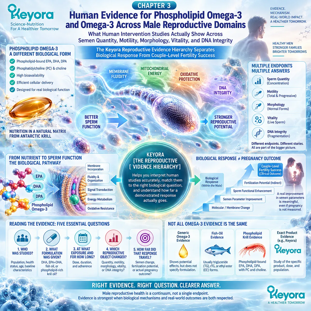 Omega-3 male fertility evidence maps phospholipid membrane support to sperm motility, morphology, vitality and DNA integrity in Keyora Reproductive Evidence Hierarchy. Omega-3 male fertility evidence maps phospholipid membrane support to sperm motility, morphology, vitality and DNA integrity in Keyora Reproductive Evidence Hierarchy.