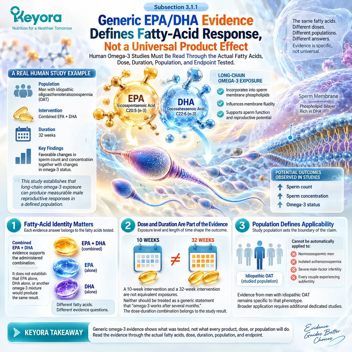 EPA-DHA male fertility evidence links fatty-acid dose, duration and population to sperm count and concentration within Keyora Reproductive Evidence Hierarchy. EPA-DHA male fertility evidence links fatty-acid dose, duration and population to sperm count and concentration within Keyora Reproductive Evidence Hierarchy.