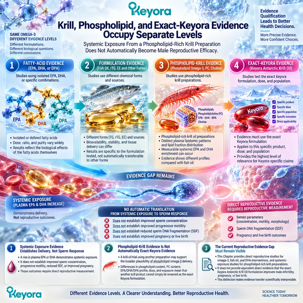 Phospholipid krill oil supports systemic EPA-DHA exposure, not proven sperm or fertility outcomes; Keyora Reproductive Evidence Hierarchy separates delivery from efficacy. Phospholipid krill oil supports systemic EPA-DHA exposure, not proven sperm or fertility outcomes; Keyora Reproductive Evidence Hierarchy separates delivery from efficacy.