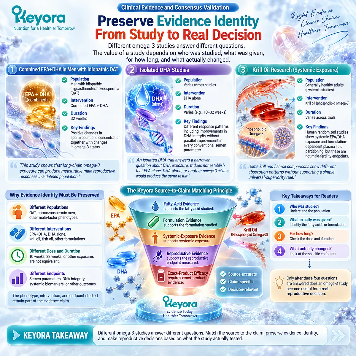 Omega-3 male fertility evidence links EPA-DHA, dose and formulation to measured sperm outcomes as Keyora Reproductive Evidence Hierarchy matches each claim to its source. Omega-3 male fertility evidence links EPA-DHA, dose and formulation to measured sperm outcomes as Keyora Reproductive Evidence Hierarchy matches each claim to its source.