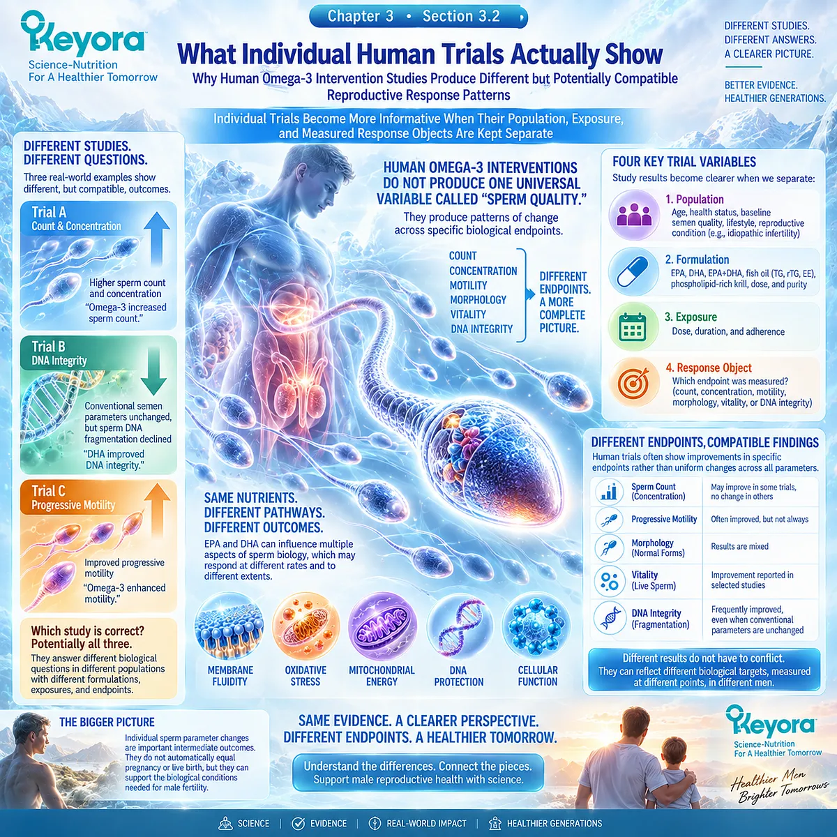 Omega-3 male fertility trials map distinct changes in sperm count, motility and DNA integrity as Keyora Reproductive Evidence Hierarchy separates endpoint-specific responses. Omega-3 male fertility trials map distinct changes in sperm count, motility and DNA integrity as Keyora Reproductive Evidence Hierarchy separates endpoint-specific responses.