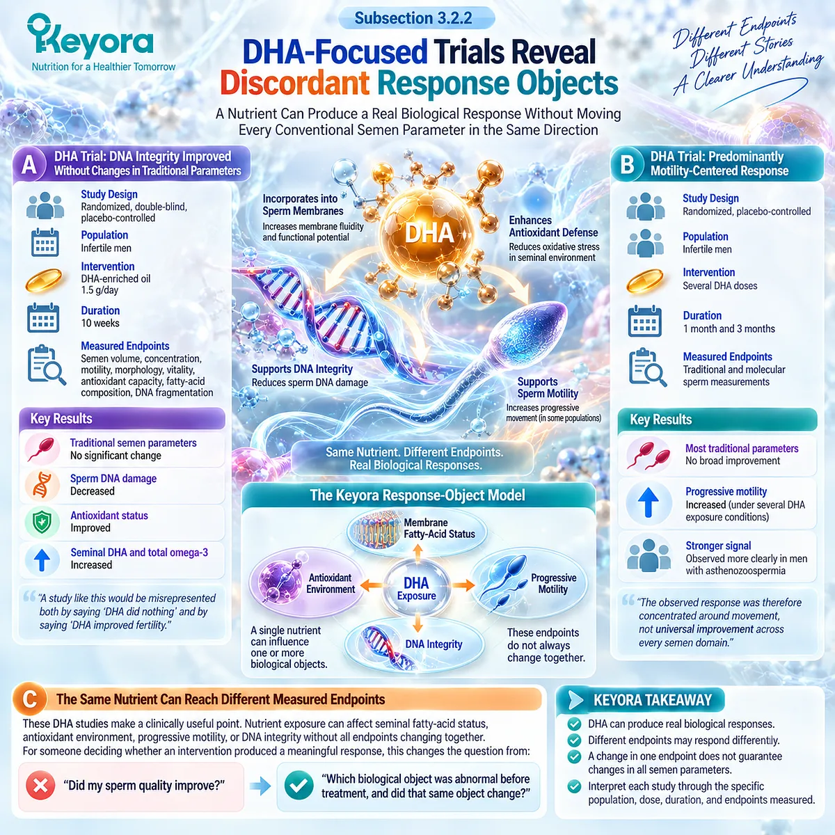DHA male fertility trials link omega-3 exposure to distinct sperm motility and DNA integrity responses, mapped by Keyora Reproductive Evidence Hierarchy rather than one sperm-quality score. DHA male fertility trials link omega-3 exposure to distinct sperm motility and DNA integrity responses, mapped by Keyora Reproductive Evidence Hierarchy rather than one sperm-quality score.