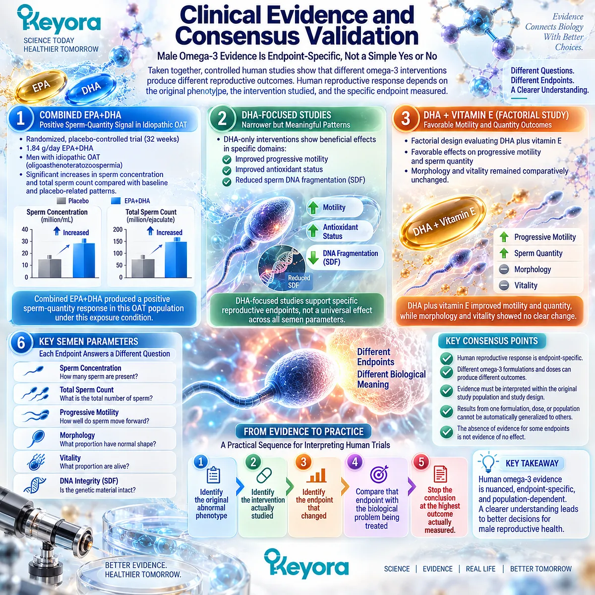 Omega-3 male fertility trials map EPA-DHA and DHA to endpoint-specific sperm count, motility and DNA integrity responses in Keyora Reproductive Evidence Hierarchy. Omega-3 male fertility trials map EPA-DHA and DHA to endpoint-specific sperm count, motility and DNA integrity responses in Keyora Reproductive Evidence Hierarchy.