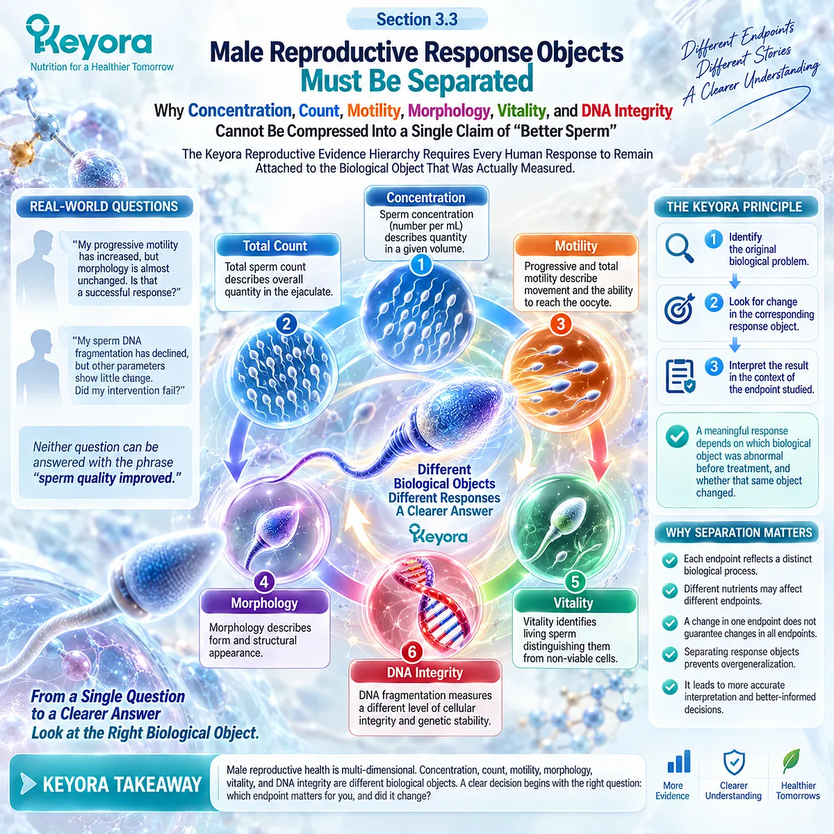Male fertility evidence separates sperm count, motility, morphology, vitality and DNA integrity so Keyora Reproductive Evidence Hierarchy maps change to the original biological problem. Male fertility evidence separates sperm count, motility, morphology, vitality and DNA integrity so Keyora Reproductive Evidence Hierarchy maps change to the original biological problem.