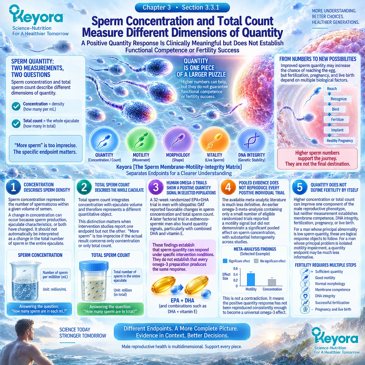 Omega-3 male fertility evidence separates sperm concentration from total sperm count, mapping quantity responses without assuming fertility success in Keyora Reproductive Evidence Hierarchy. Omega-3 male fertility evidence separates sperm concentration from total sperm count, mapping quantity responses without assuming fertility success in Keyora Reproductive Evidence Hierarchy.