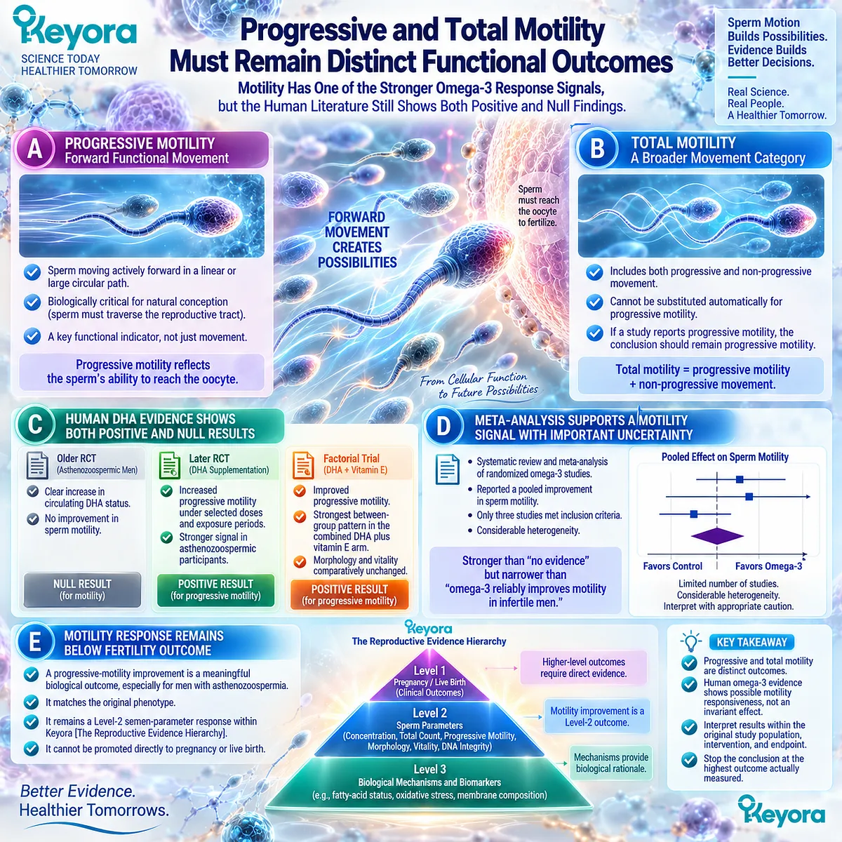 Omega-3 male fertility evidence links DHA membrane biology to possible progressive sperm motility support, while Keyora Reproductive Evidence Hierarchy separates motility from fertility outcomes. Omega-3 male fertility evidence links DHA membrane biology to possible progressive sperm motility support, while Keyora Reproductive Evidence Hierarchy separates motility from fertility outcomes.