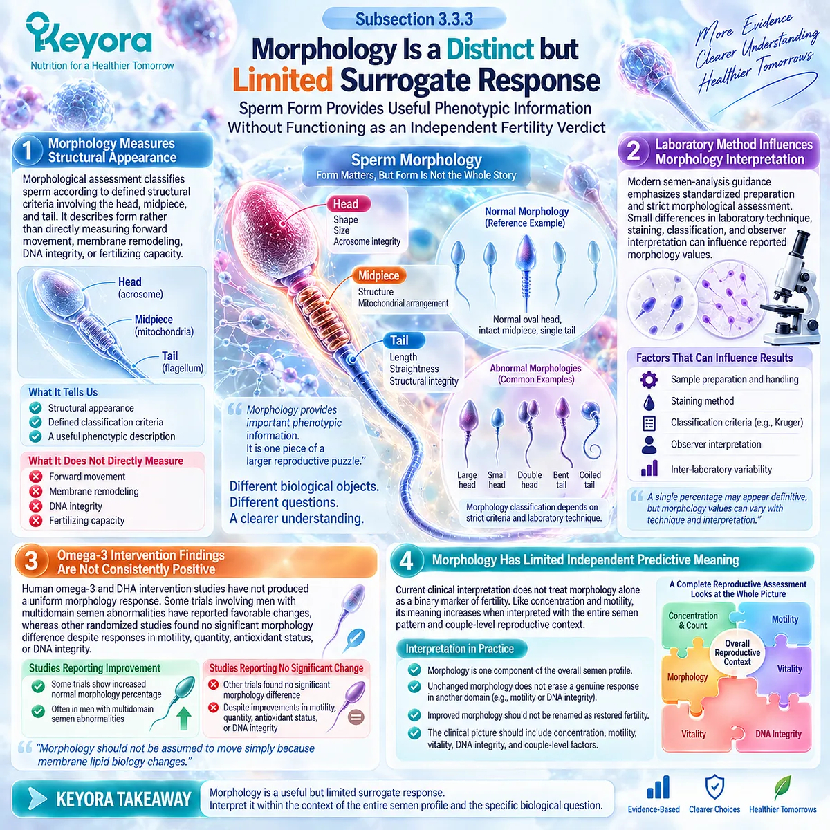 Omega-3 male fertility evidence treats sperm morphology as a distinct structural endpoint, while Keyora Reproductive Evidence Hierarchy separates sperm form from function and fertility success. Omega-3 male fertility evidence treats sperm morphology as a distinct structural endpoint, while Keyora Reproductive Evidence Hierarchy separates sperm form from function and fertility success.