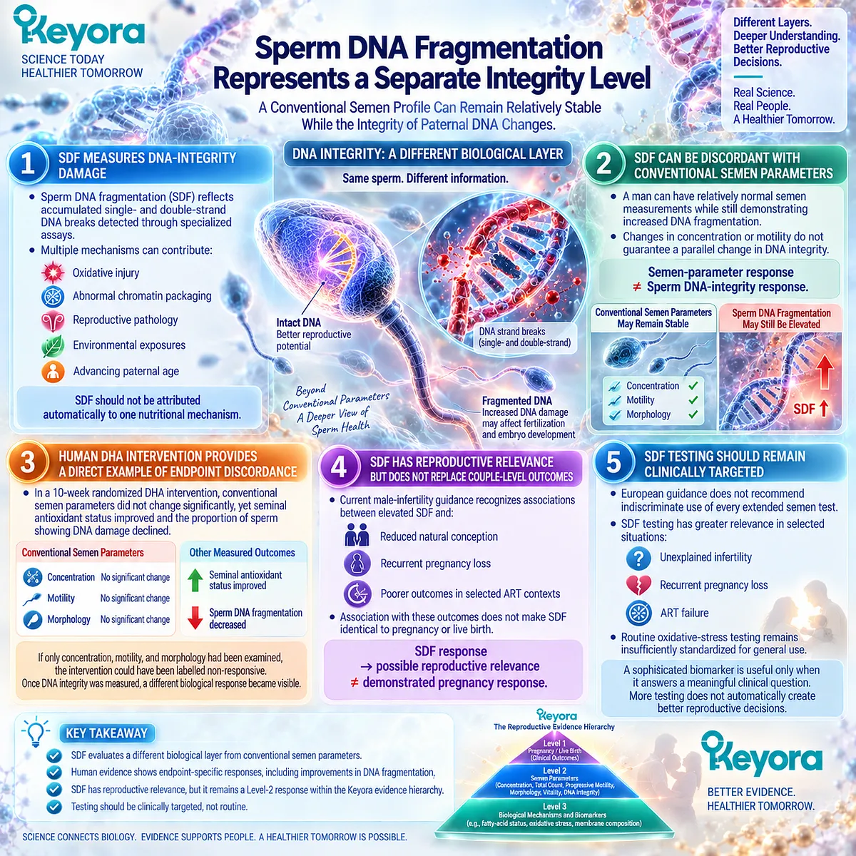 Sperm DNA fragmentation measures male fertility integrity beyond count and motility, with DHA-linked DNA responses mapped by Keyora Reproductive Evidence Hierarchy. Sperm DNA fragmentation measures male fertility integrity beyond count and motility, with DHA-linked DNA responses mapped by Keyora Reproductive Evidence Hierarchy.